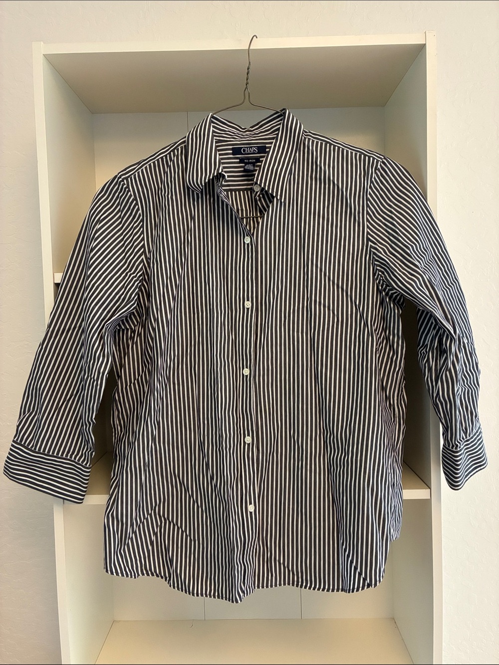 Chaps Navy and White Cotton Striped Button-Down Shirt